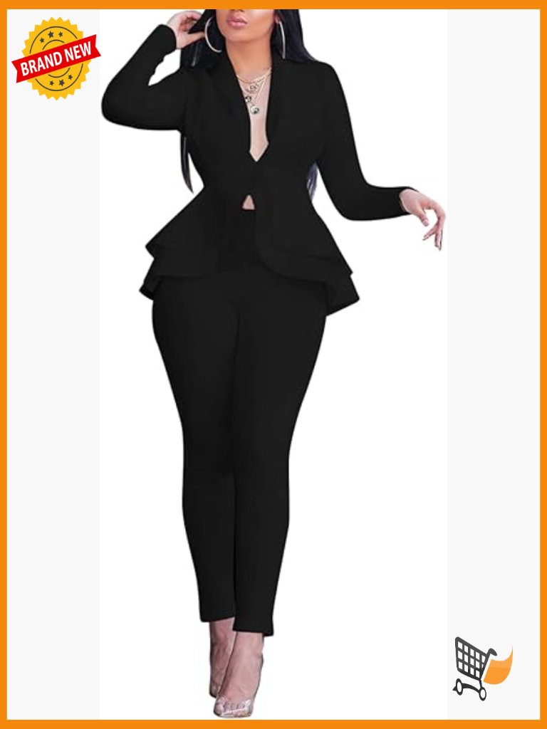 Deep V Neck Ruffle Blazer Two Piece Outfits Sets Pants Business Suit